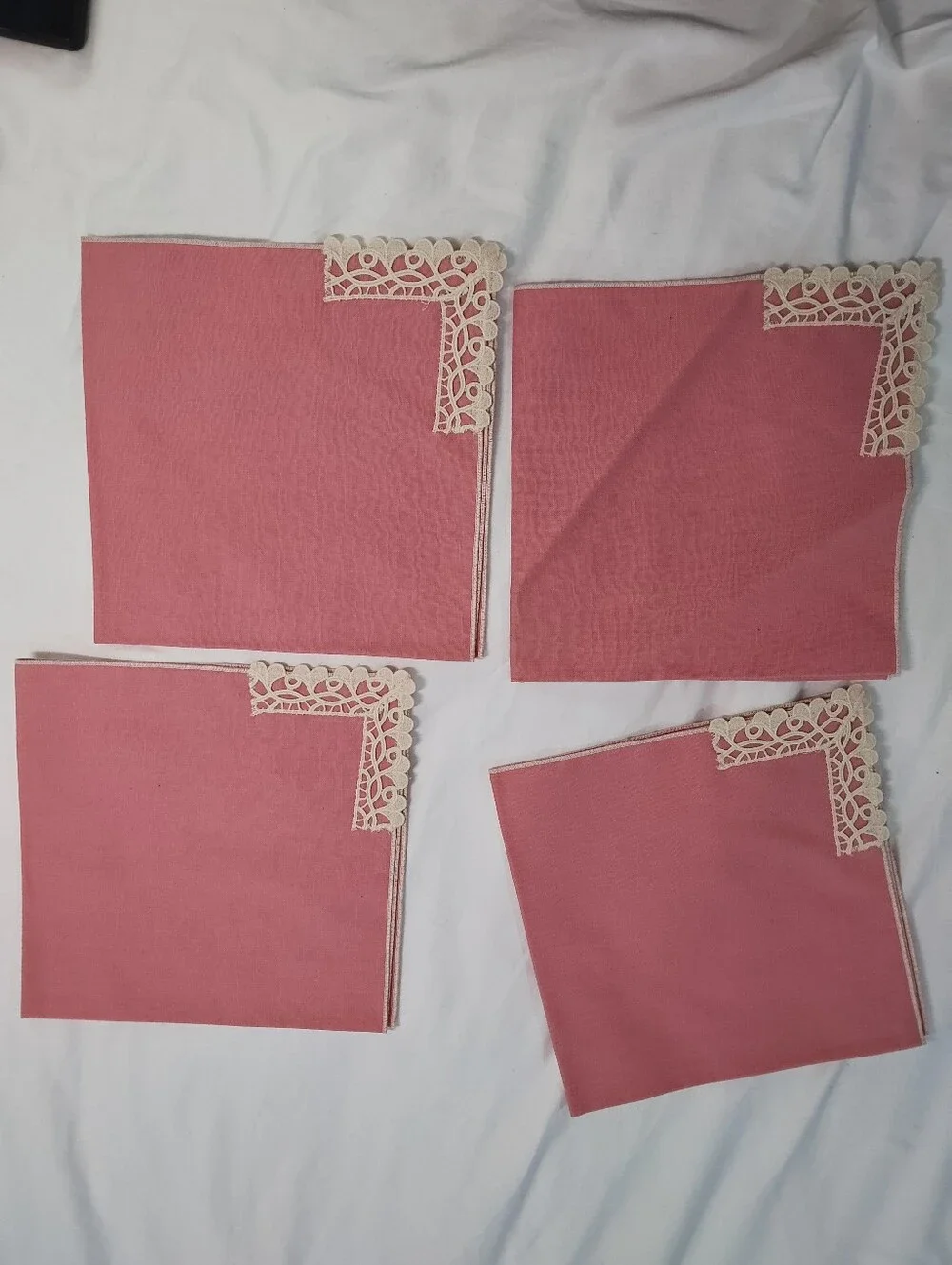 Vintage Pink Dusty Rose Napkins w/Ecru Lace & Edging, Set of 4
